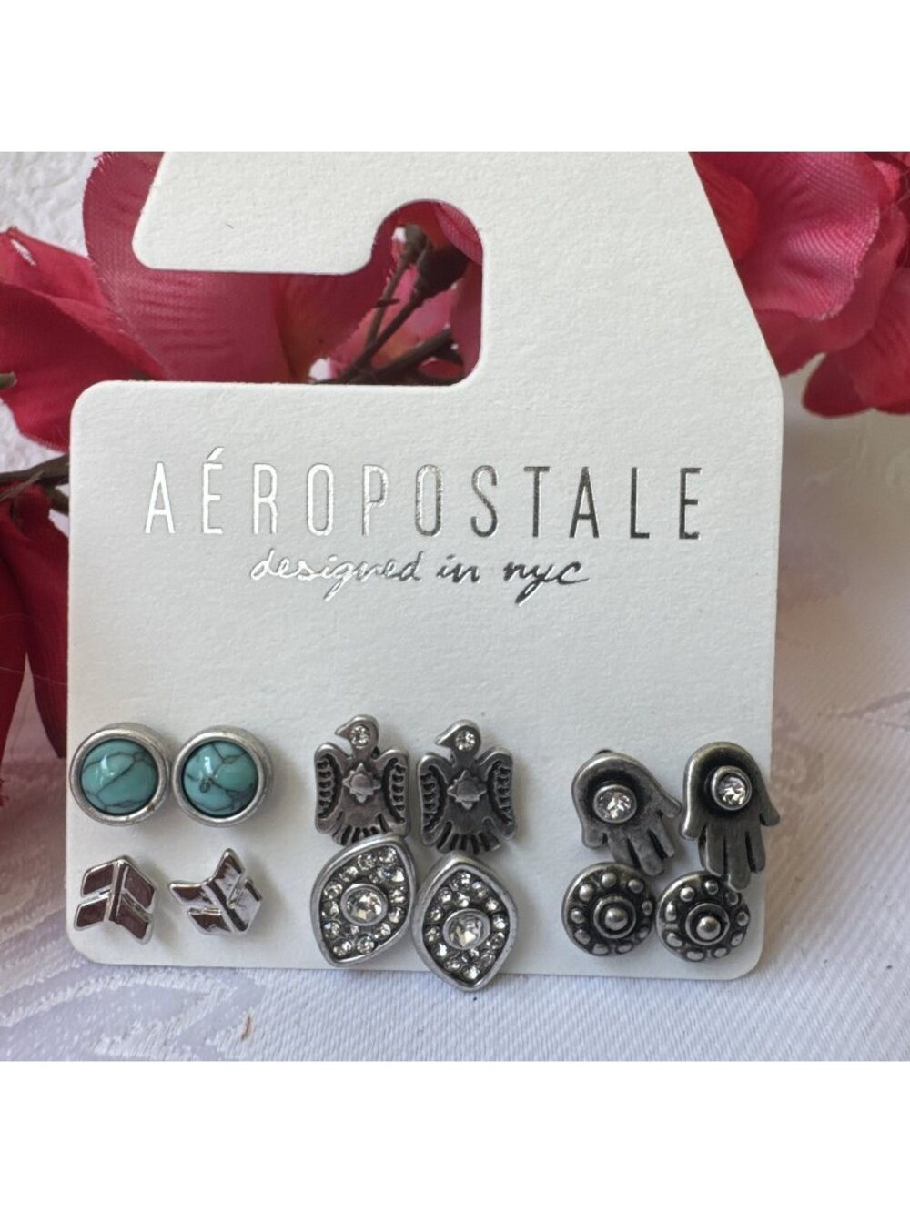 Aeropostale 12 PC Stud Charm Dainty Earrings Tiny CZ Beads SilverTone NEW